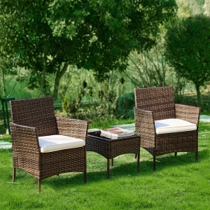 Patio Furniture Set 3 Pieces with Soft Cushion and Glass Table Rattan Chairs