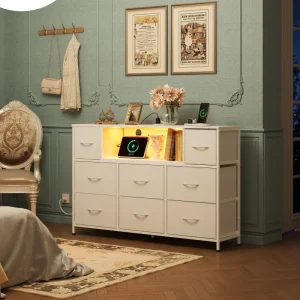 8 Drawer Fabric Dresser with  Charging Station LED Lights  and TV Stand Storage Chest  with Open Shelves for Bedroom