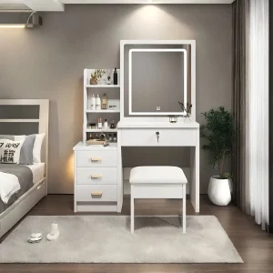Makeup Dresser with Sliding Mirror and Lights, Stool and Open Shelves