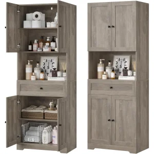 Tall Bathroom Storage Cabinets with 4 Doors & Wide Shelves & Drawer