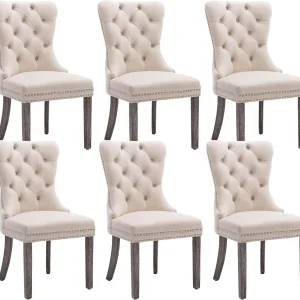 Velvet Dining Chairs Set of 6 with Nailhead Back Ring Pull Trim Solid Wood Legs