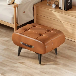 Vintage Waxed Leather Entryway Bench and Luxury Leather Ottoman