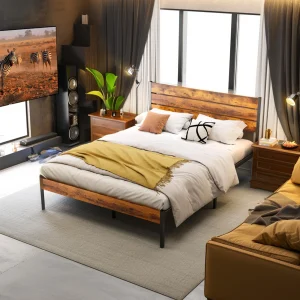 Queen Size Metal Platform Bed Frame with Headboard and Footboard with 800LBS Sturdy Wooden Slats Support For Bed Room Home