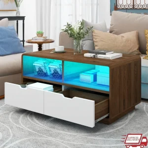 Coffee Table with Storage Drawers and Adjustable Seven Color Lighting and Safety Features