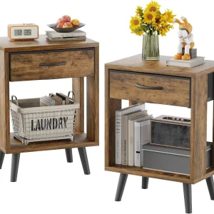 Nightstand Set of 2 with Fabric Drawers and Open Shelves - Rustic Bedroom Side Tables