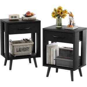 Set of 2 with Fabric Storage Drawer and Open Wood Shelf Table for Bedroom Night Stand or Livingroom