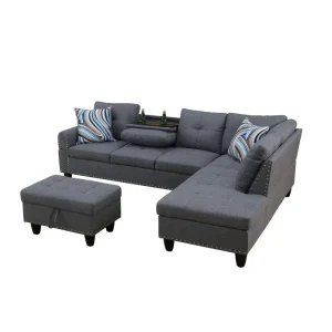Grey Linen 3 Piece Sofa Set with Solid Wood Frame Couch Splitable Living Room Furniture