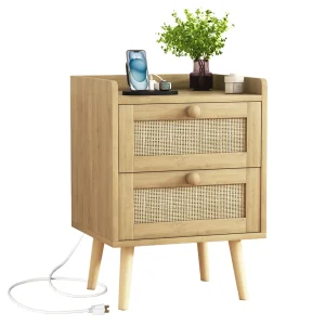 Rattan Nightstand with Charging Station with 2 Drawers for Bedroom