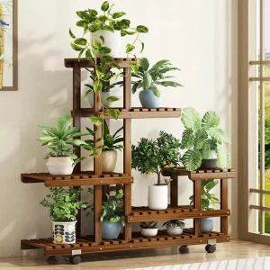 Patio 6 Tier Wood Plant Stand Vertical Carbonized Multiple Holder