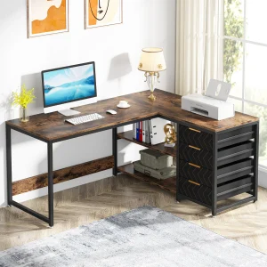 L Shaped Computer Desk with Storage Drawers and Shelves, Reversible L-Shaped Office Desk Study
